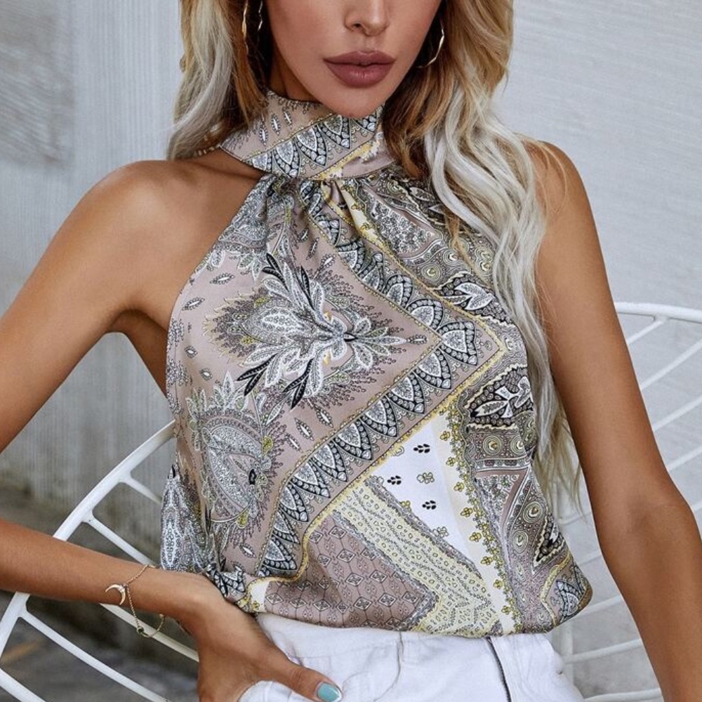 Boho Paisley Floral Print Satin Halter Tank Top - Picture 7 of 10